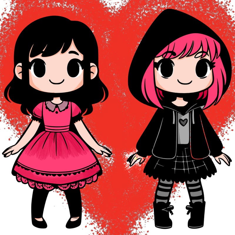 kind girl wearing a dress and goth girl wearing a hoodie