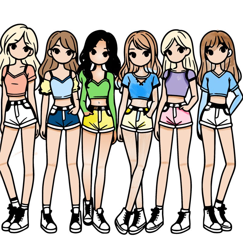 a group of girls wearing crop tops and shorts