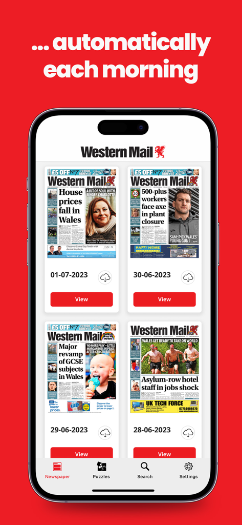 Smartphone screen showing the Western Mail app interface with a grid of daily newspaper editions and automatic morning download feature.