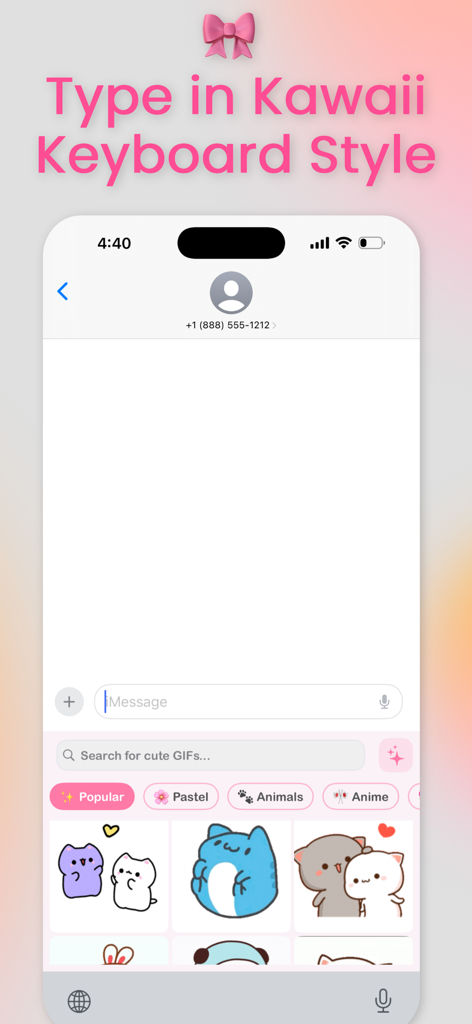 iPhone messaging screen featuring a kawaii keyboard with cute animated cat and bear GIFs