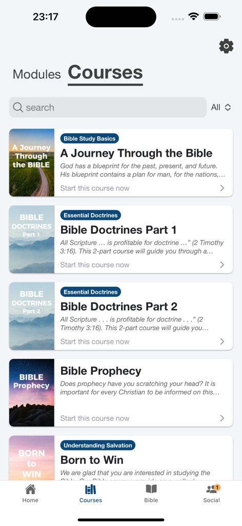 EMMAUS app interface showing a list of Bible study courses including Bible Doctrines and Prophecy