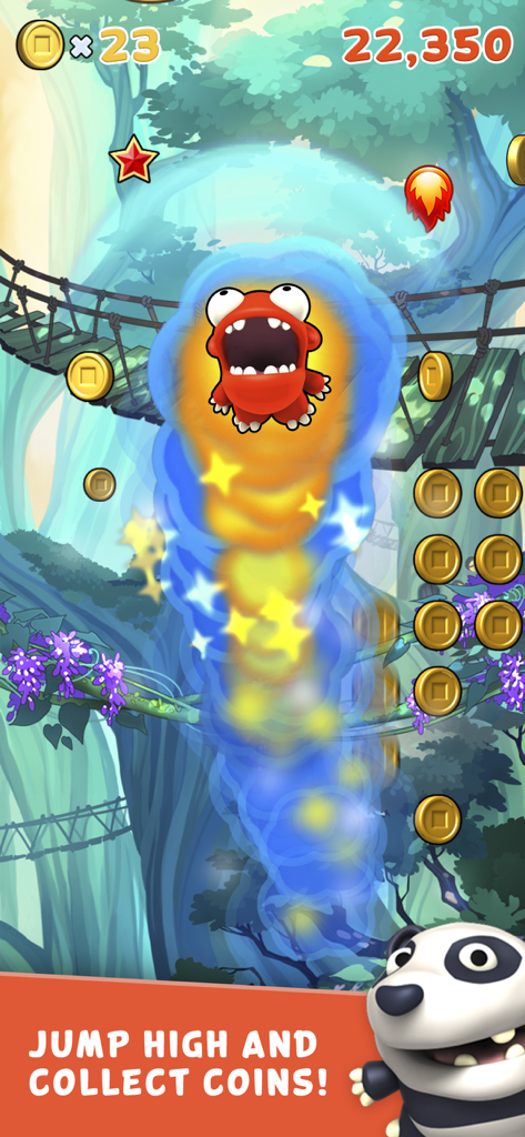 Mega Jump Halfbrick+ - Redford character soaring with a Super Nova Boost trail while collecting coins in a cartoon forest.