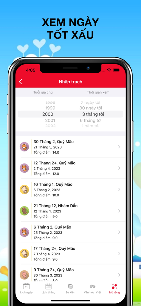 Lịch Vạn Niên 2026 - Lịch Âm - Interfaccia dell'app calendario lunare vietnamita che mostra giorni propizi e infausti con punteggi