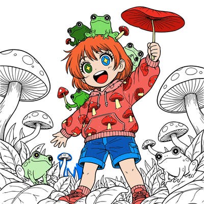 a girl with short hair and mushrooms and frogs lea