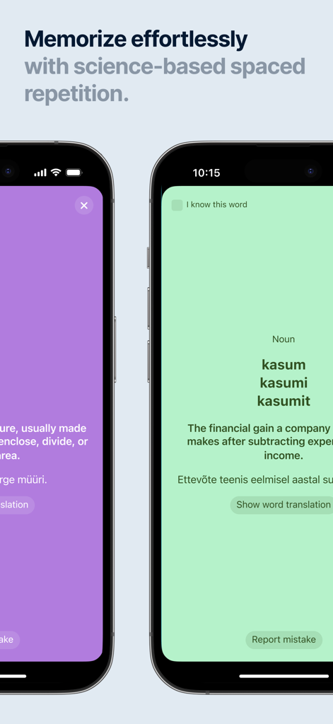 Kasti Eesti: Memorize Words - Interface of Kasti Eesti app showing Estonian vocabulary flashcards with three word forms and definitions