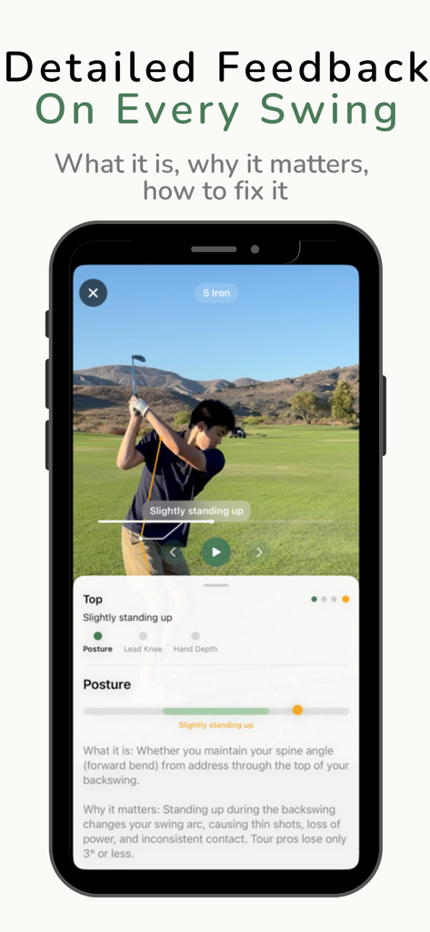 The Swing Sensei - Mobile app screen for The Swing Sensei showing detailed golf swing posture analysis and feedback