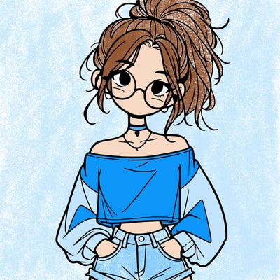 girl with a messy ponytail glasses a baggy crop top and jean shorts