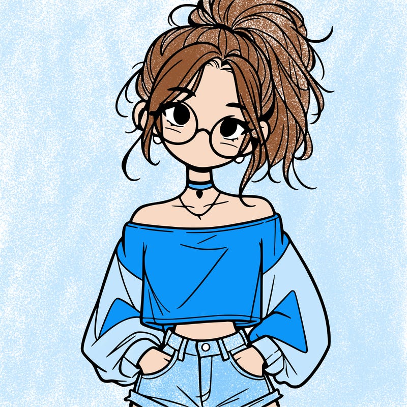 girl with a messy ponytail glasses a baggy crop top and jean shorts