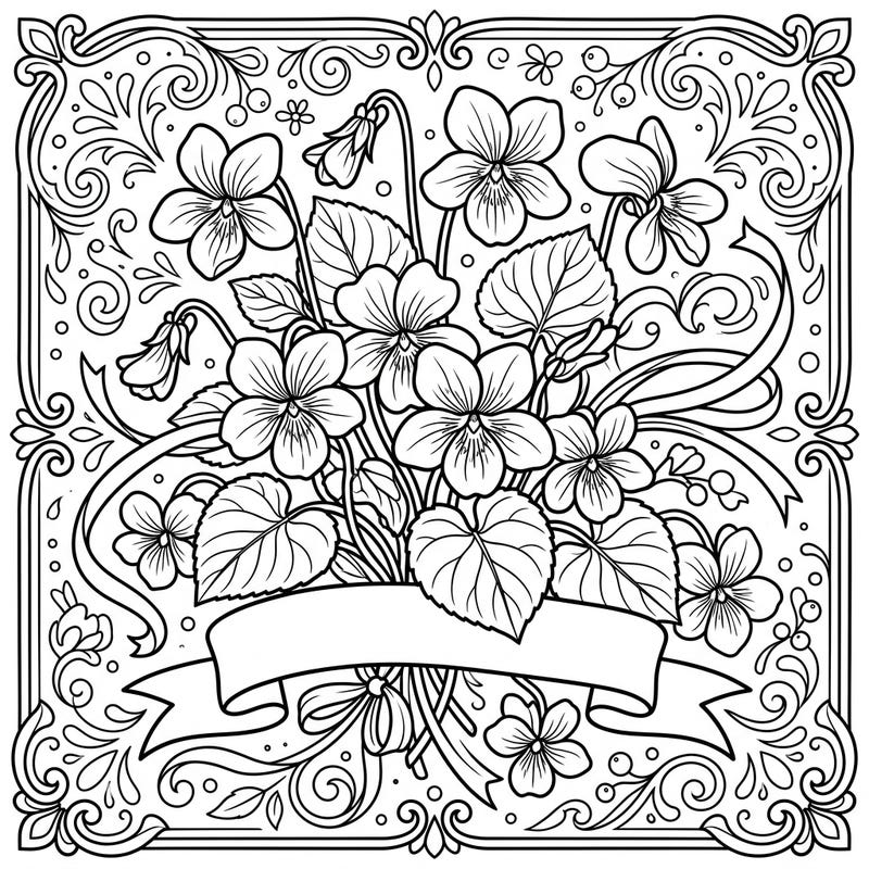 Presenting a charming Mother's Day coloring page adorned with lovely wild violets, their unique heart-shaped leaves, and delicate flowers. This delightful design offers a wonderful way to express love and appreciation through the art of coloring.