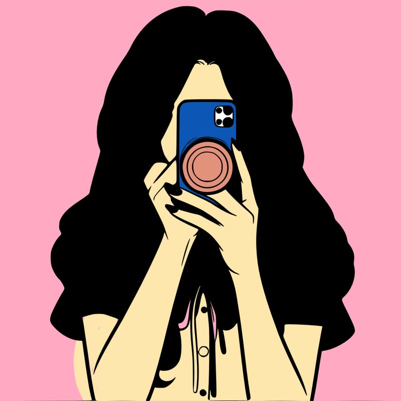 a realistic girl holding her phone taking pictures