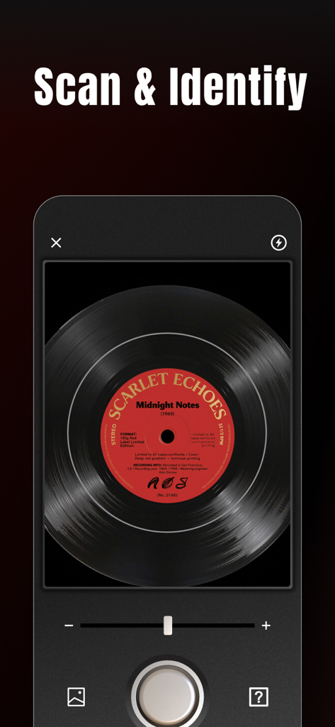 A smartphone using the VinylSnap app to scan and identify a vinyl record label