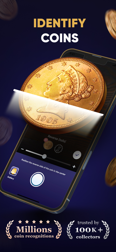 Coin Identifier - CoinScan - Smartphone screen showing the AI coin identification feature scanning a rare gold coin.