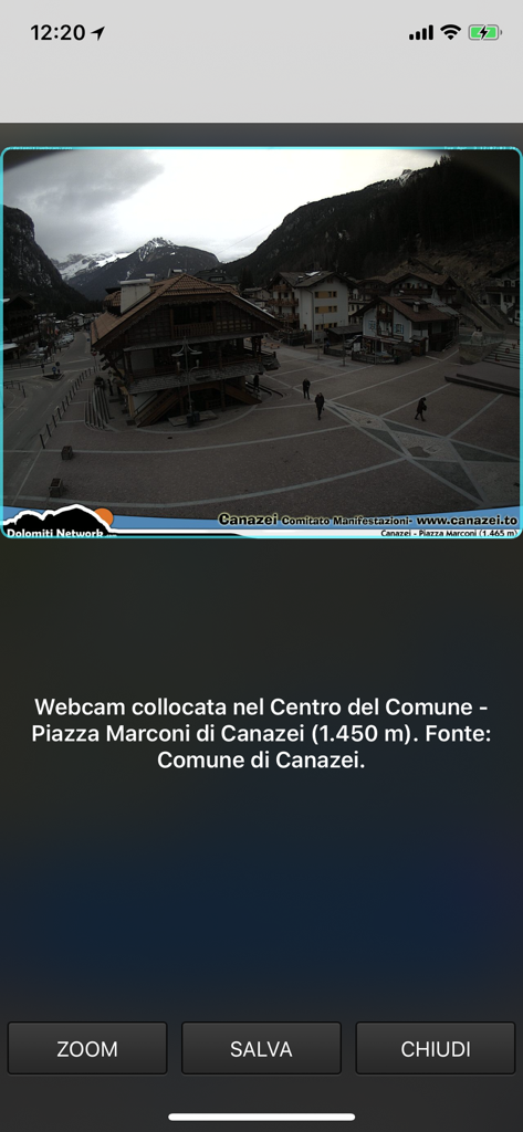 Live webcam feed showing Piazza Marconi in Canazei from the Meteo Trentino app
