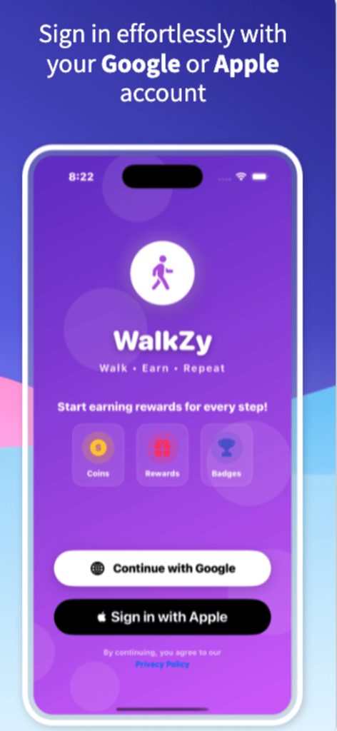 EarnZy: Survey & Games - Sign in screen of the EarnZy app showing options to continue with Google or Apple accounts.