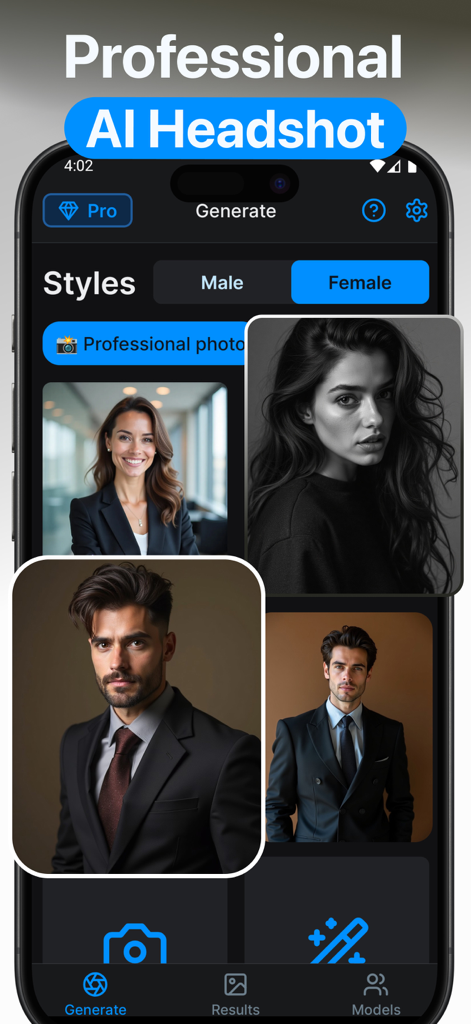 AI Headshot Generator Pro - Interfaz de la aplicación Generador de Retratos IA Pro mostrando opciones de retratos profesionales para hombres y mujeres