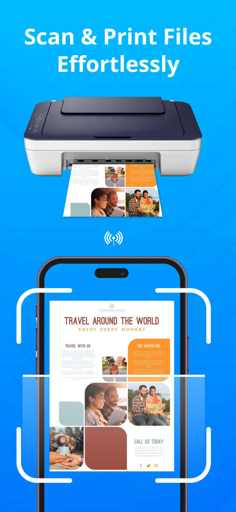 Smart Printer: Printer App - Un smartphone escaneando un documento que luego se imprime de forma inalámbrica por una impresora doméstica