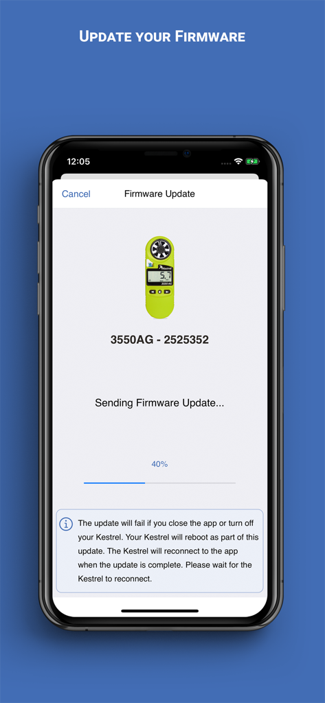 Kestrel LiNK app firmware update progress screen for a handheld weather meter