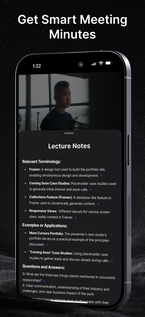 ScreenApp Meeting Minutes AI - iPhone screen displaying ScreenApp AI generated lecture notes and meeting summaries