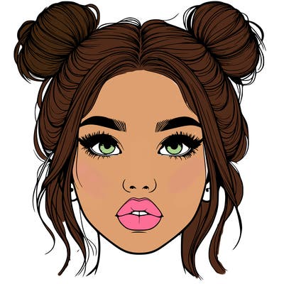 realistic girl with two buns on her hair and lips