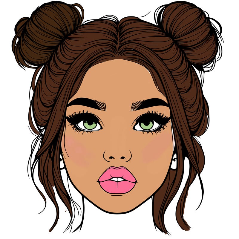 realistic girl with two buns on her hair and lips