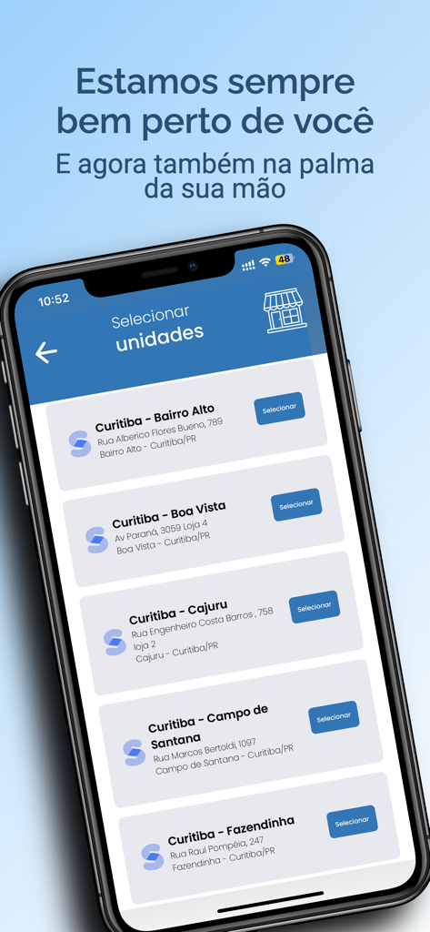 Solumedi App - Solumedi app screen displaying a list of available medical clinic locations for selection on a smartphone