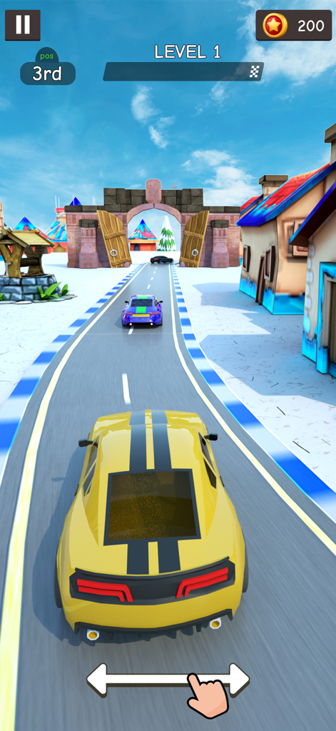 Mega Ramp Car: Stunt Car - Gameplay screenshot of a yellow stunt car racing through a winter themed track with houses and a stone archway.
