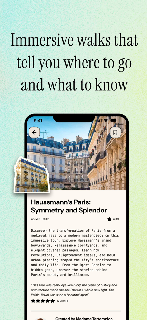 Le Walk Mobile App-Oberfläche, die einen Audiowanderführer für Paris zeigt.