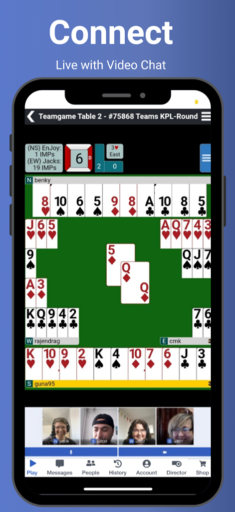 Mobile screen showing a Bridge Base Online game with live video chat between four players.
