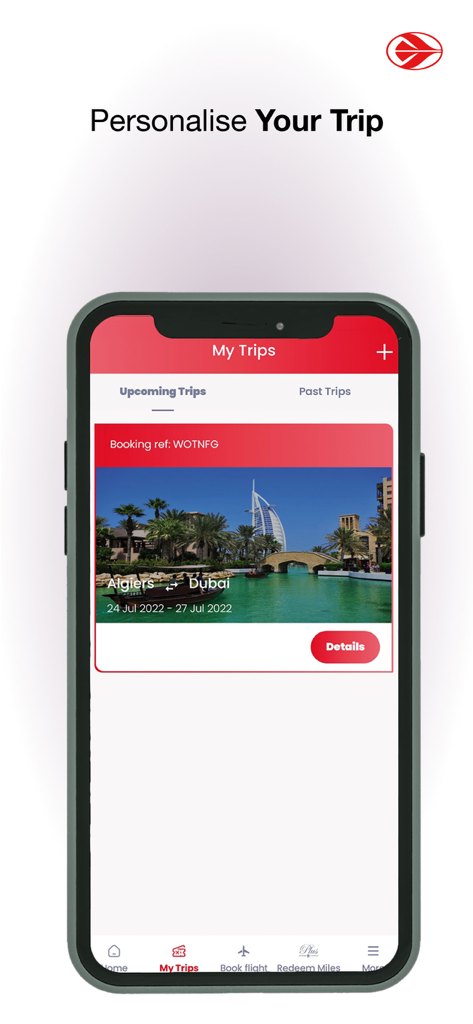 Air Algerie app My Trips interface showing a flight booking from Algiers to Dubai