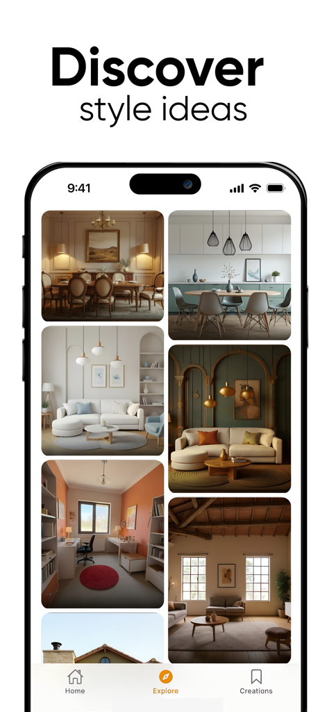 Deco - AI Home Design - Tela de aplicativo móvel mostrando uma galeria de ideias de estilo de design de interiores para reforma de casa