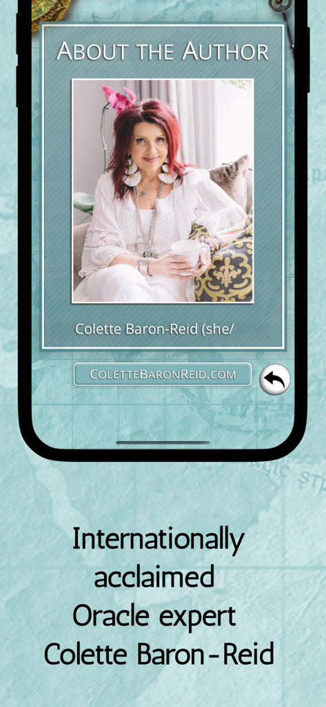 Página sobre a autora apresentando Colette Baron-Reid no aplicativo Oráculo do Mapa Encantado.