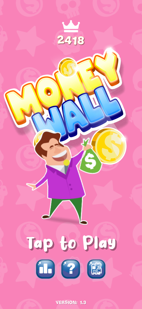 Menú principal del juego móvil Money Wall King of Coins con un personaje de dibujos animados sosteniendo una bolsa de dinero.