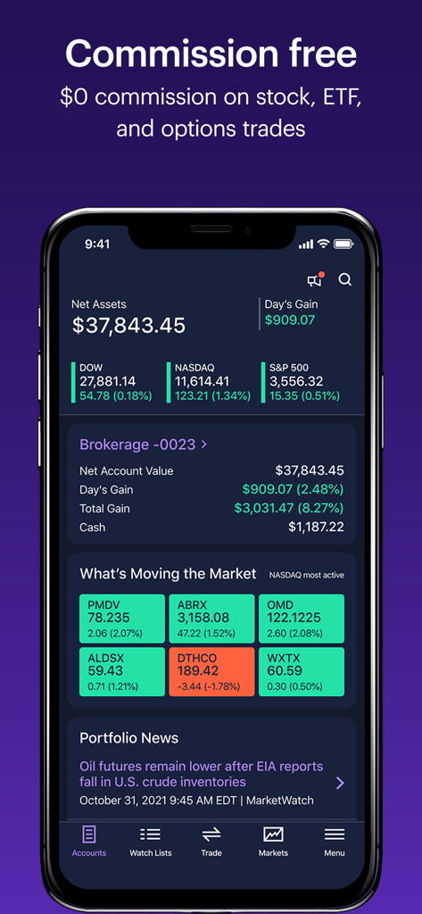 Interface do aplicativo móvel ETRADE mostrando uma visão geral do portfólio com ativos líquidos e ganhos de mercado