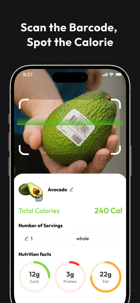 SnapCal: AI Calorie Counter - SnapCal app scanning an avocado barcode to show calories and nutrition facts