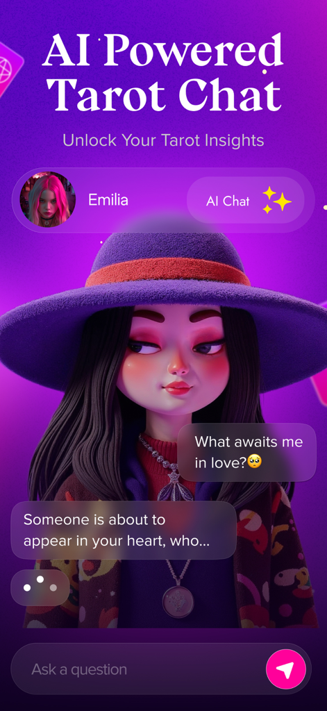 Lumi: AI Tarot & Horoscope - A 3D stylized female character in a purple hat interacting with a user in an AI-powered tarot chat interface asking about love.