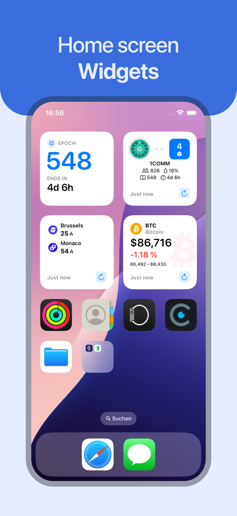 iPhone home screen displaying ADAM Cardano widgets for ADA epoch countdown, wallet balances, and Bitcoin price