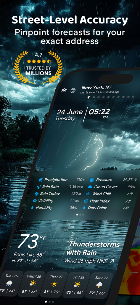 Weather Mate - NOAA Radar Maps - A smartphone displaying the Weather Mate app with a detailed thunderstorm forecast and street-level accuracy data for New York
