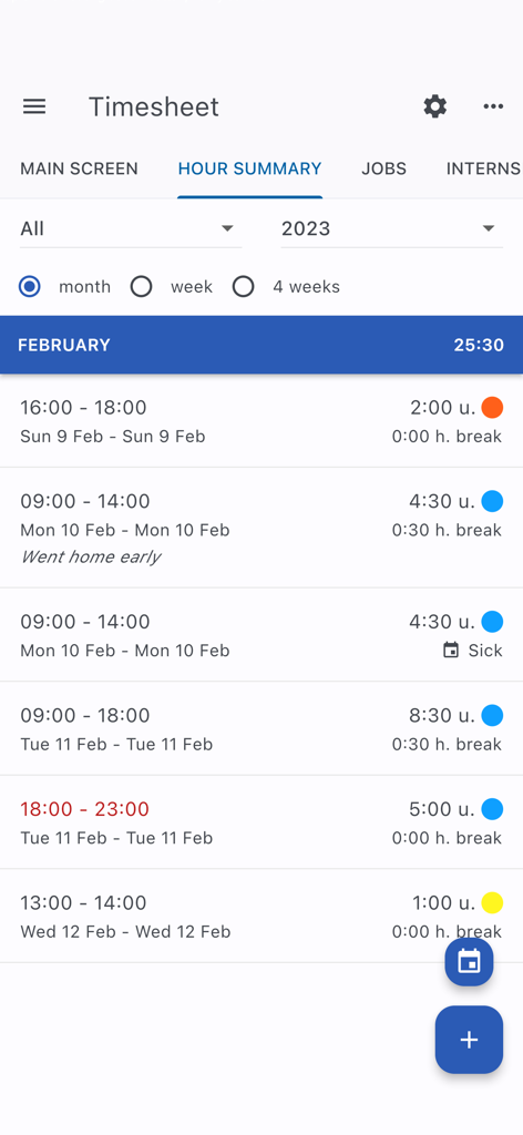 Timesheet app interface displaying a monthly hour summary with work shifts and breaks