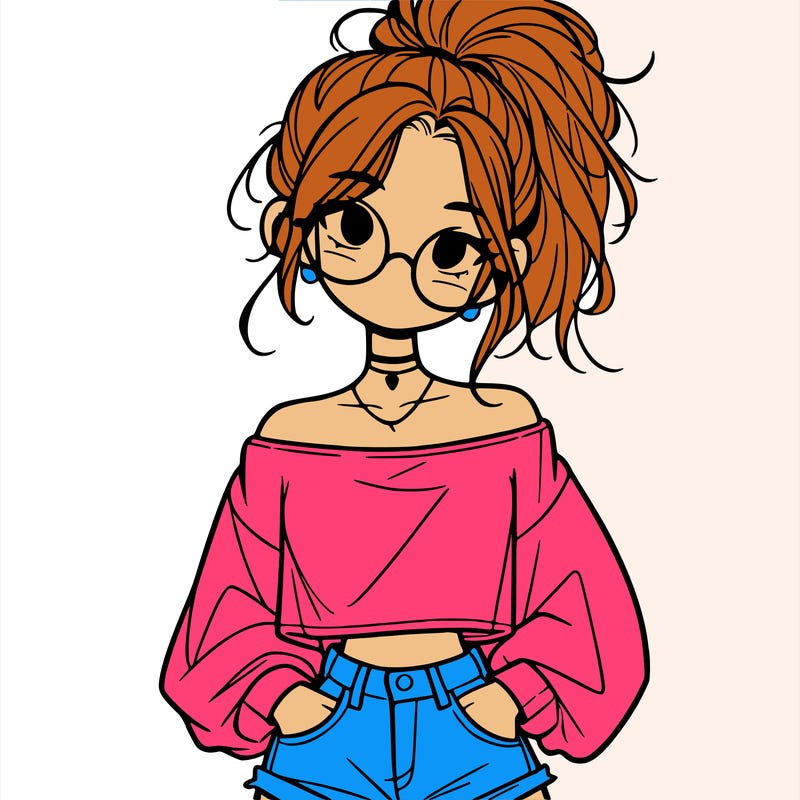 girl with a messy ponytail glasses a baggy crop top and jean shorts