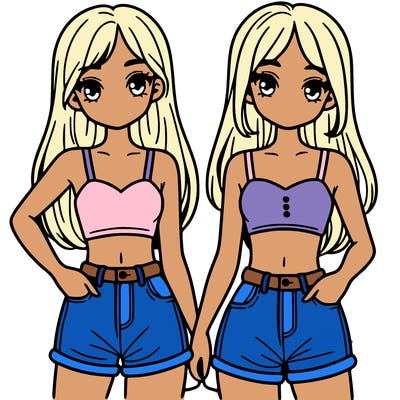 two sisters with crop tops and jean shorts and straight hair
