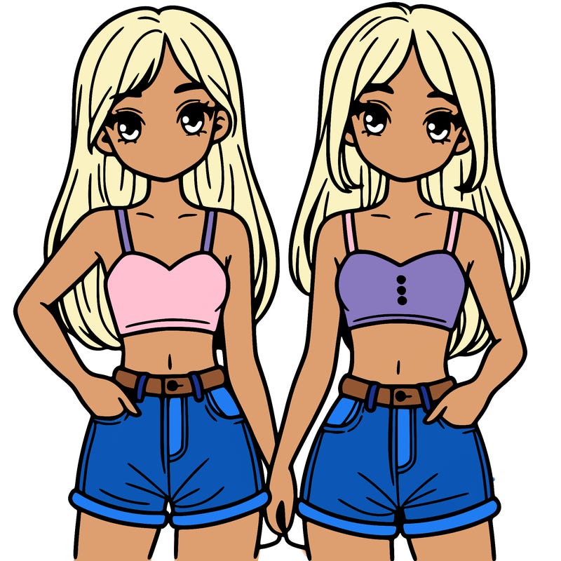 two sisters with crop tops and jean shorts and straight hair