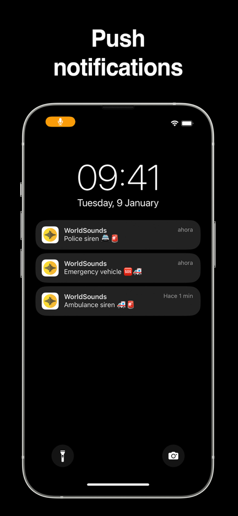 iPhone lock screen showing emergency siren notifications from the World Sounds app.