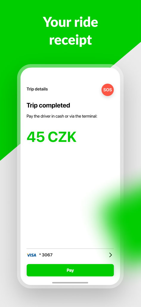 TO-MI: Taxi Czech Republic - Interfaz de la aplicación de taxi TO-MI que muestra un recibo de viaje completado por 45 CZK con una opción para pagar con tarjeta Visa.