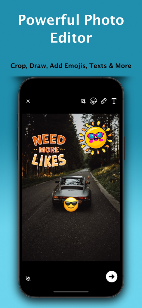Auto Blur Faces: Photo & Video - Interfaz de potente editor de fotos con herramientas de pegatinas, emojis y texto.