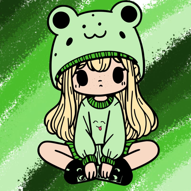 a girl wearing a frog hat and some frog socks