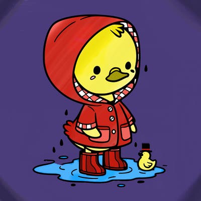 baby duck in a rain coat and boots, in a puddle while it’s raining