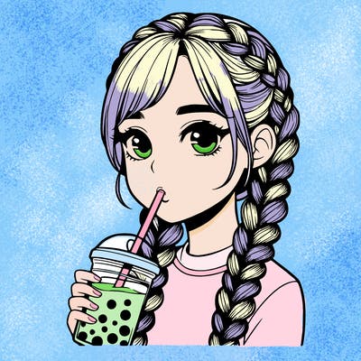 realistic girl with braided hair drinking boba
