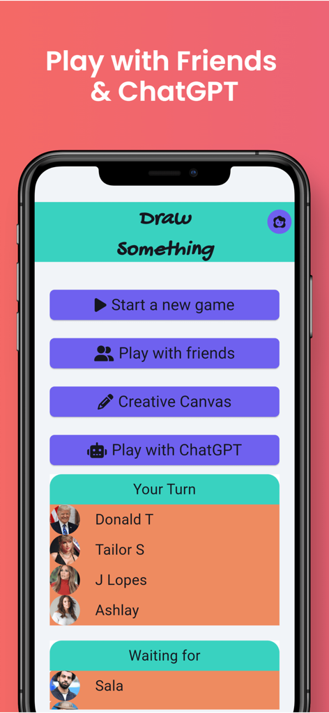Draw Something AI - Pantalla de inicio de la aplicación móvil Draw Something AI mostrando opciones para jugar con amigos o ChatGPT