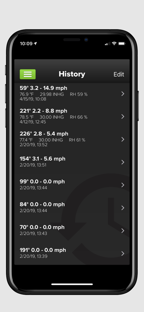 Wind & Weather Meter - Uma lista de relatórios meteorológicos anteriores mostrando leituras de velocidade do vento, temperatura e pressão