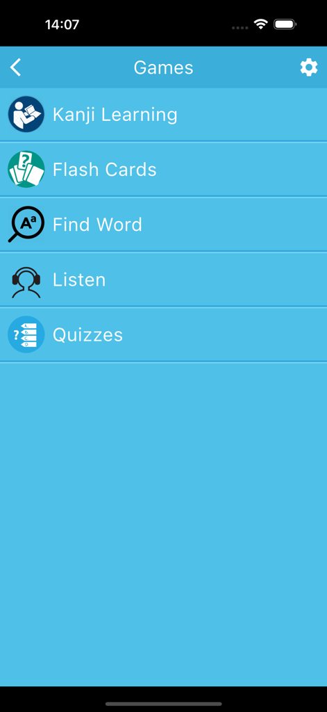 Main menu of the Japanese Kanji learning app showing game options like Flash Cards and Quizzes